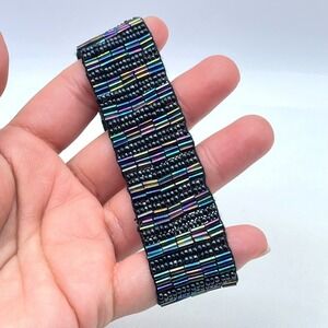 Vintage 90s Y2K Black Handmade Iridescent Bugle Beaded Wrapped Cuff Bracelet